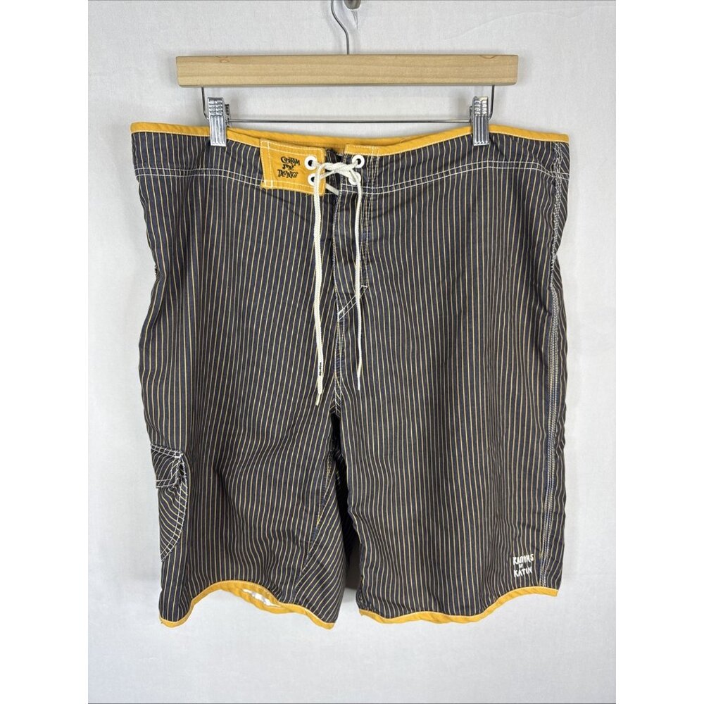 Katin Canvas Board Shorts Striped Surf Swim Trunks Mens 38 Navy Yellow